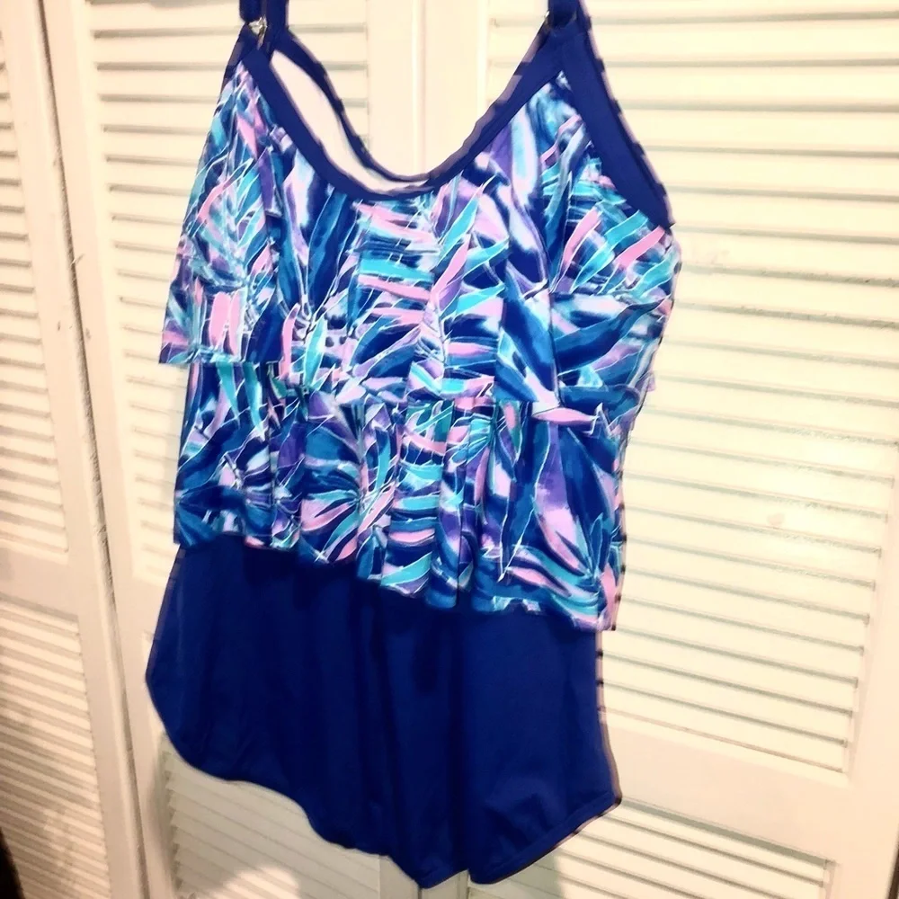 Calypso cove tiered ruffle one piece swimsuit blue and pink size 20 W
